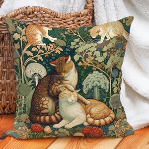 Arts & Crafts Style Cat Cushion - Vintage Feline Throw Pillow Cover - Decorative Sofa Accessory image 6