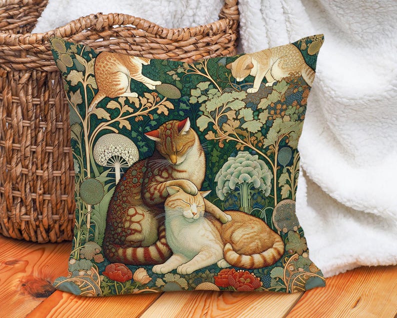 Arts & Crafts Style Cat Cushion - Vintage Feline Throw Pillow Cover - Decorative Sofa Accessory image 6