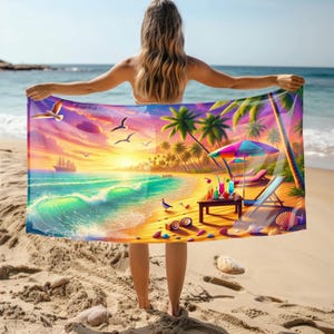Vibrant Tropical Beach Towel - Quick-Dry Microfiber, Sand-Free, Lightweight & Large, Sunset Paradise Design for Beach, Pool and Travel