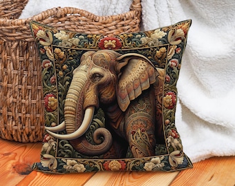 Bohemian Ornate Elephant Pillow Cover - Luxurious Decorative Cushion with Intricate Floral and Animal Design - Unique Home Accent
