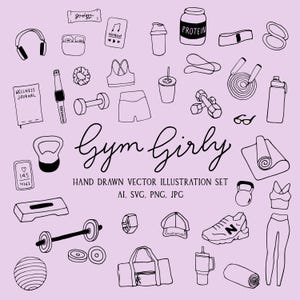 Pode incluir: Conjunto de ilustrações vetoriais desenhadas à mão com elementos temáticos de fitness e treino. Inclui auscultadores, shaker de proteína, halteres, soutien desportivo, tapete de ioga e o texto "Gym Girly".