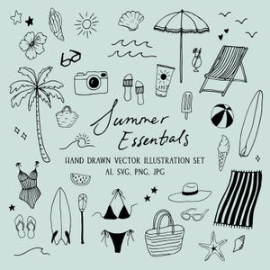 May include: A black and white hand-drawn illustration of summer essentials, including a beach umbrella, sunglasses, a camera, a surfboard, and a beach bag. The text "Summer Essentials" is written in cursive. The image also includes a swimsuit, flip-flops, and a beach towel.