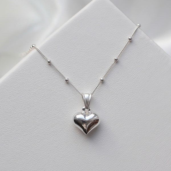 Herzanhänger Halskette • Verstellbare Herzchenkette • Dünne 925 Sterling Silber Kugelkette • Amulett Silberkette mit Herzförmigem Charm