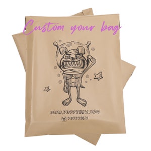 May include: A brown paper mailing envelope featuring a cartoon dog wearing a space helmet and the text "Custom your bag" in pink. The envelope also includes the text "www.puppysew.com" and "@puppysew" in black.