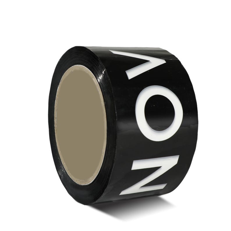 May include: A roll of black adhesive tape featuring the white capital letters NOV printed repeatedly along its surface. The tape has a glossy finish and is wound around a circular cardboard core with a light brown interior center.