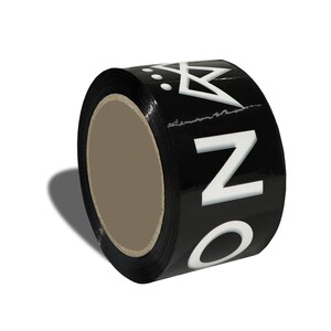 May include: A roll of black adhesive tape featuring a repeating white graphic design. The design includes a stylized geometric symbol with three dots and the capital letters N and O printed in a bold, sans-serif white font on the glossy surface.