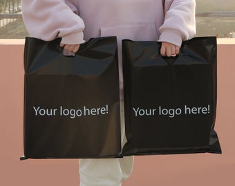 Custom Black Plastic Shopping Bag，Custom Boutique Bag, High Quality Clothes Bag with you logo，Plastic tote bag with you logo