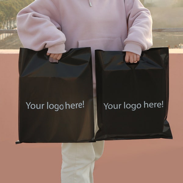 Custom Black Plastic Shopping Bag，Custom Boutique Bag, High Quality Clothes Bag with you logo，Plastic tote bag with you logo