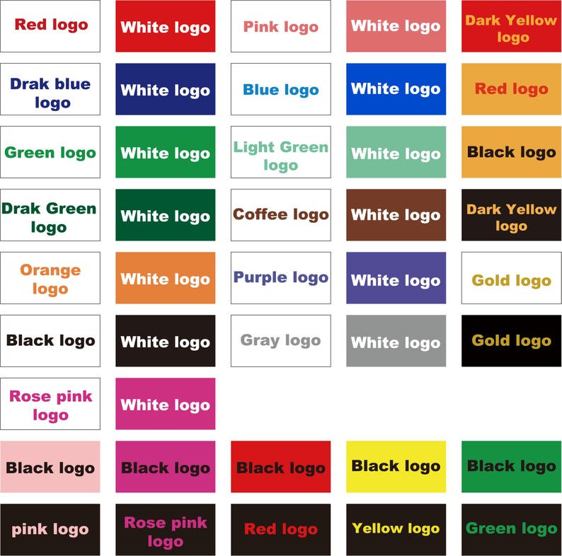 May include: A grid of rectangular color swatches displaying various logo text combinations. The chart features diverse background colors including red, blue, green, orange, black, pink, yellow, brown, purple, gray, and gold, with contrasting text.