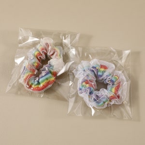 May include: Two rainbow scrunchies in clear plastic packaging. Each scrunchie has a rainbow pattern with a white net overlay. These hair accessories are designed to add a pop of colour to any hairstyle.