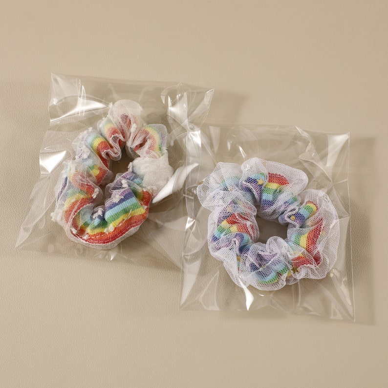 May include: Two rainbow scrunchies in clear plastic packaging. Each scrunchie has a rainbow pattern with a white net overlay. These hair accessories are designed to add a pop of colour to any hairstyle.