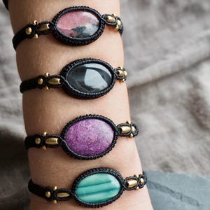 Black Macrame Crystal Bracelet | Brass Beads | Saturn Chalcedony | Prehnite | Choose Your Favorite | Wristband With Gemstone