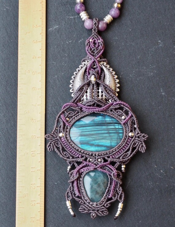 ラブラドライト アクアマリン マクラメネックレス アクアマリンと