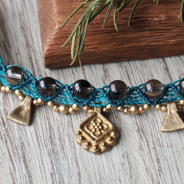 Teal Macrame Anklet | Bracelet | Upper Arm Bracelet | Stone Beads | Brass Charms | Adjustable | Natural Smoky Quartz | Summer Accessories