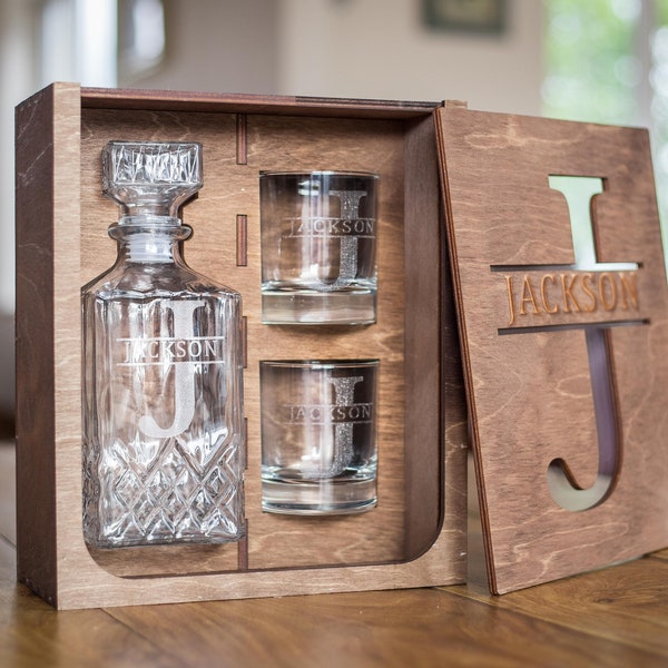 Personalized Whiskey Decanter Set: Engraved Glass with Optional Wood Box