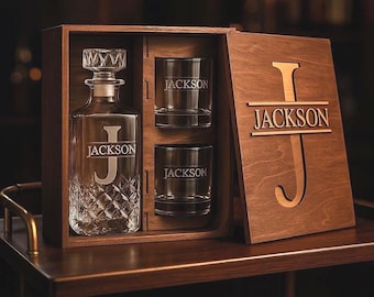Gepersonaliseerde whiskykarafset: gegraveerd glas met optionele houten kist