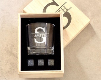 Personalized Whiskey Glass Set: Engraved Tumbler & Wooden Gift Box