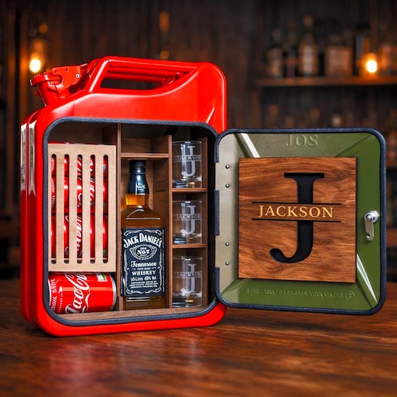 A real vintage-style jerry can painstakingly converted into a fully functional personalized mini bar — this is the kind of thing that stops a room.
