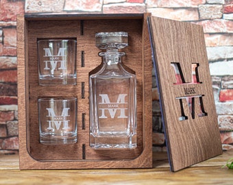Personalized Whiskey Decanter Set: Engraved Glass with Wooden Box