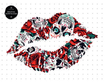 Skull Clipart Lips Skull Tattoo Lips, Skull Pattern Clipart Png Kiss Png, Png Lips Sublimation Design, Digital Download, Commercial Use
