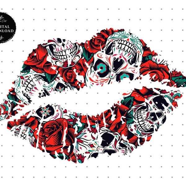 Skull Clipart Lips Skull Tattoo Lips, Skull Pattern Clipart Png Kiss Png, Png Lips Sublimation Design, Digital Download, Commercial Use