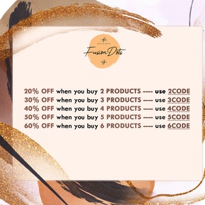 May include: A graphic with a gold glitter background and white text. The text reads: "Fusion Dots" and lists discounts for buying multiple products. The discounts are 20% off for 2 products, 30% off for 3 products, 40% off for 4 products, 50% off for 5 products, and 60% off for 6 products. Each discount has a corresponding code to use at checkout.