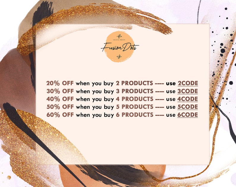 May include: A graphic with a gold glitter background and white text. The text reads: "Fusion Dots" and lists discounts for buying multiple products. The discounts are 20% off for 2 products, 30% off for 3 products, 40% off for 4 products, 50% off for 5 products, and 60% off for 6 products. Each discount has a corresponding code to use at checkout.