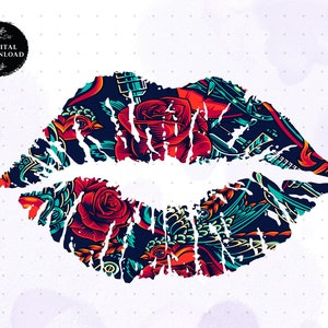 Tattoo Roses Lip Clipart, Sublimation Designs, Kiss Png, Png Lips, Clipart Roses Pattern Lips, Digital Download