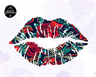 Tattoo Roses Lip Clipart, Sublimation Designs, Kiss Png, Png Lips, Clipart Roses Pattern Lips, Digital Download