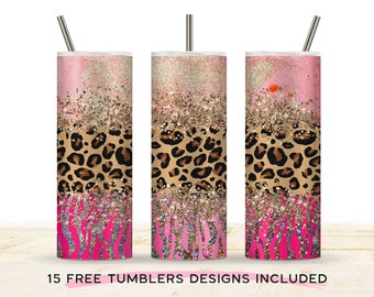 20oz Leopard Print Sublimation Tumbler Designs, Pink Gold Glitter Skinny Tumbler Wrap Sublimation, Animal print Tumbler png Digital Download