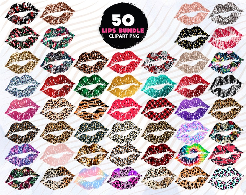 May include: A set of 50 digital clip art images of lips in various patterns, including leopard print, zebra print, tie-dye, and glitter. The text "50 Lips Bundle Clipart PNG" is displayed at the top of the image.