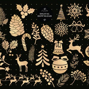 May include: Gold glitter Christmas clip art illustrations on a black background. The illustrations include a Christmas tree, snowflakes, reindeer, a bell, a candy cane, a star, a pine cone, holly, a Christmas bauble, and a stocking.