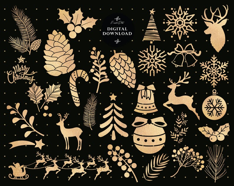 May include: Gold glitter Christmas clip art illustrations on a black background. The illustrations include a Christmas tree, snowflakes, reindeer, a bell, a candy cane, a star, a pine cone, holly, a Christmas bauble, and a stocking.