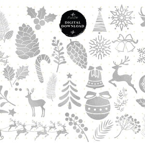 May include: A set of silver glitter Christmas clip art illustrations. The illustrations include a Christmas tree, reindeer, snowflakes, bells, candy canes, holly, stars, and a pine cone.