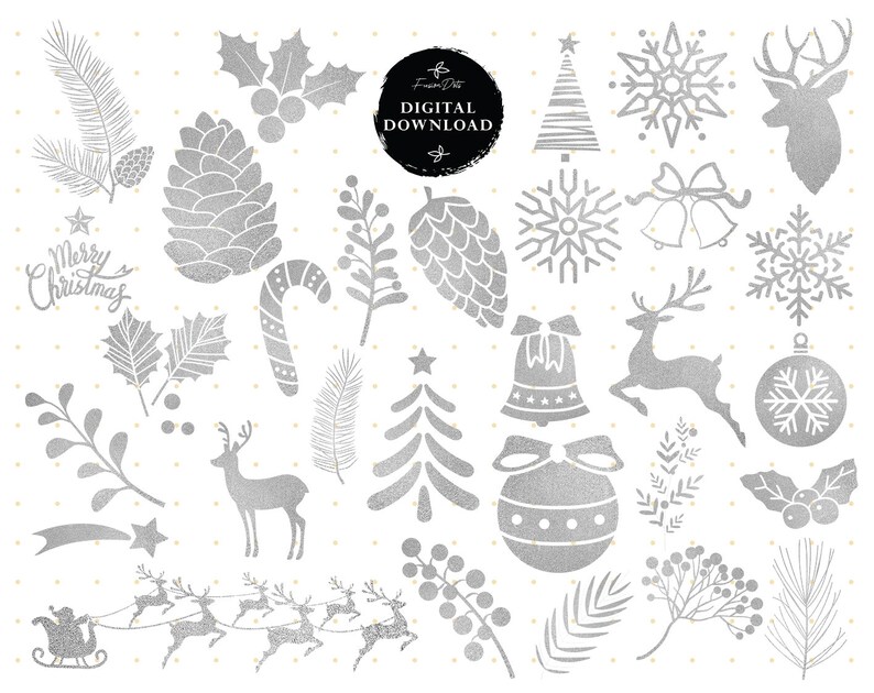 May include: A set of silver glitter Christmas clip art illustrations. The illustrations include a Christmas tree, reindeer, snowflakes, bells, candy canes, holly, stars, and a pine cone.