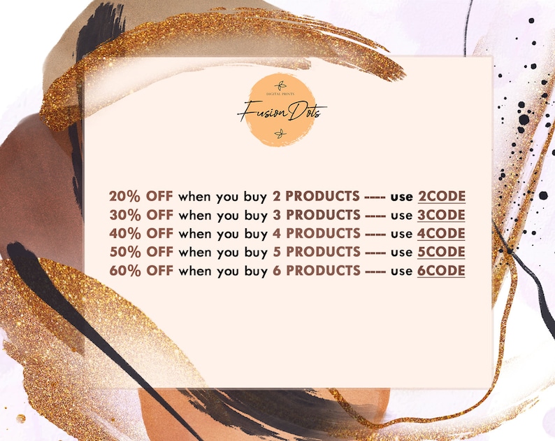 Pu&ograve; includere: Una grafica con uno sfondo di glitter dorati e testo bianco. Il testo recita "Fusion Dots" e elenca sconti per l'acquisto di pi&ugrave; prodotti. Gli sconti sono del 20% per 2 prodotti, del 30% per 3 prodotti, del 40% per 4 prodotti, del 50% per 5 prodotti e del 60% per 6 prodotti. Ogni sconto ha un codice corrispondente da utilizzare al momento del pagamento.