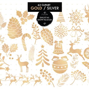 May include: A set of 62 gold and silver Christmas clip art images. The images include snowflakes, reindeer, bells, pine cones, candy canes, holly, stars, and a Santa Claus in a sleigh. The text "Merry Christmas" is also included.