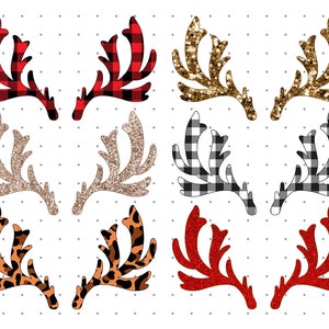 May include: Set of ten digital clipart images of reindeer antlers in various patterns. The antlers are in red and black buffalo plaid, gold glitter, black and white buffalo plaid, leopard print, and red glitter.