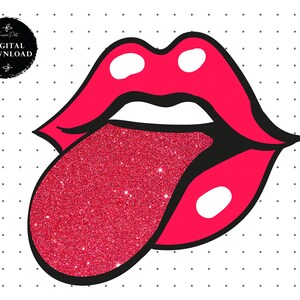 May include: A red glitter tongue sticking out of a red mouth with white highlights. The mouth is outlined in black.