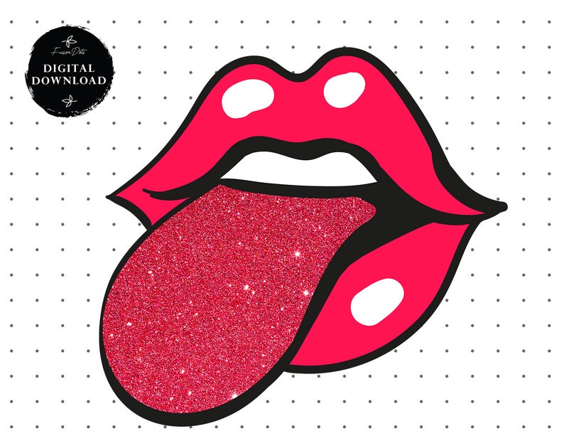 May include: A red glitter tongue sticking out of a red mouth with white highlights. The mouth is outlined in black.