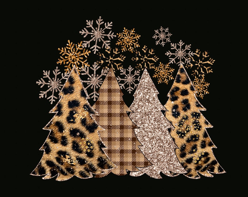 Pu&ograve; includere: Un'illustrazione digitale di cinque alberi di Natale con diversi motivi. Gli alberi sono decorati con glitter dorati e fiocchi di neve. Gli alberi sono su uno sfondo nero.