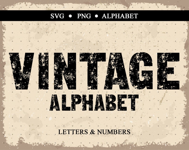 Puede incluir: Fuente de alfabeto vintage con un aspecto desgastado y grunge. Las letras y los n&uacute;meros est&aacute;n en negrita, en negro, sobre un fondo beige con un patr&oacute;n de puntos.
