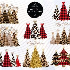 May include: A digital download of 10 Christmas tree graphics. The trees are decorated with leopard print, plaid, glitter, and gold. The text "Merry Christmas" appears twice in the image.