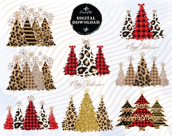 8 Christmas Trees Sublimation Design Bundle, Sublimation Christmas Shirt, Leopard, Cheetah, Buffalo Plaid, Christmas PNG, Leopard Png