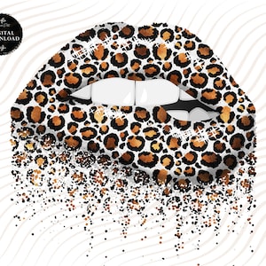 Puede incluir: Un par de labios con un diseño de estampado de leopardo. Los labios están delineados en negro y tienen un interior blanco. El estampado de leopardo es en tonos de marrón, negro y dorado.