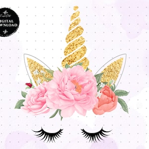 Unicorn Clipart, Glitter and Watercolor Unicorn Floral Clip art, Instant Download, Unicorn Clipart, Sublimation Designs