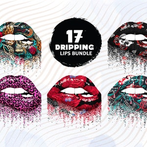 May include: A digital art bundle of 17 dripping lips with various patterns, including skulls, flowers, and animal prints. The text "17 Dripping Lips Bundle" is displayed in a black circle.