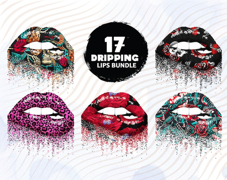 May include: A digital art bundle of 17 dripping lips with various patterns, including skulls, flowers, and animal prints. The text "17 Dripping Lips Bundle" is displayed in a black circle.