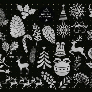 May include: A collection of silver Christmas-themed illustrations on a black background. The illustrations include a Christmas tree, snowflakes, reindeer, a bell, a candy cane, a pine cone, holly, and a star. The text "Merry Christmas" is also included.