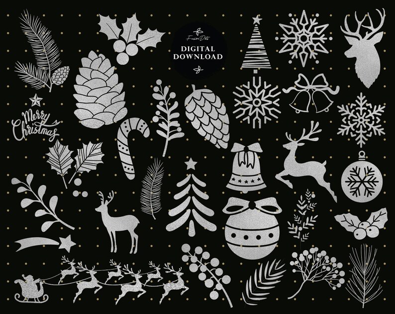 May include: A collection of silver Christmas-themed illustrations on a black background. The illustrations include a Christmas tree, snowflakes, reindeer, a bell, a candy cane, a pine cone, holly, and a star. The text "Merry Christmas" is also included.